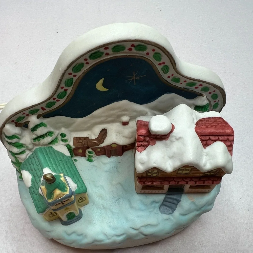 Vintage Porcelain Christmas Night Light Village Scene Church House Works‎ w/ Box